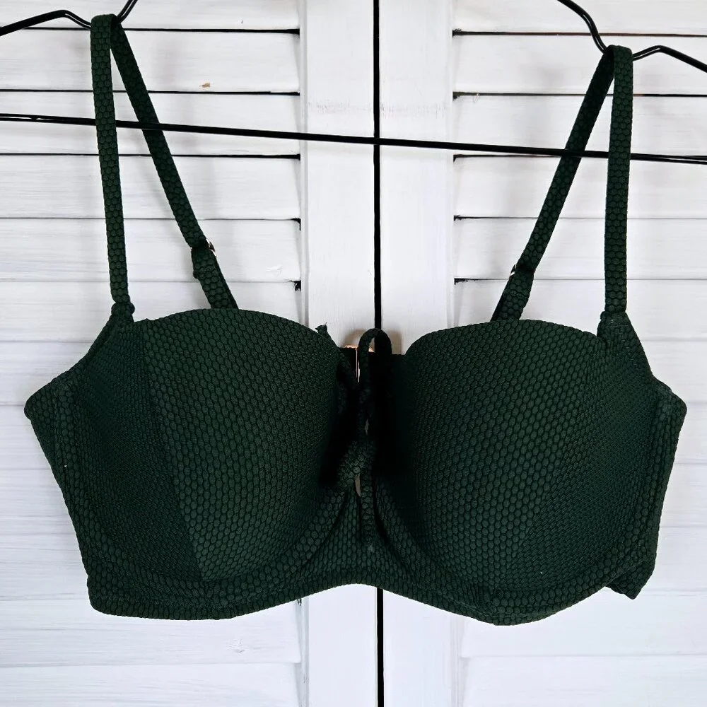 NWOT SHADE & SHORE LIGHT LIFT TIE FRONT KEYHOLE TEXTURED GREEN BIKINI TOP 34B - Picture 3 of 7
